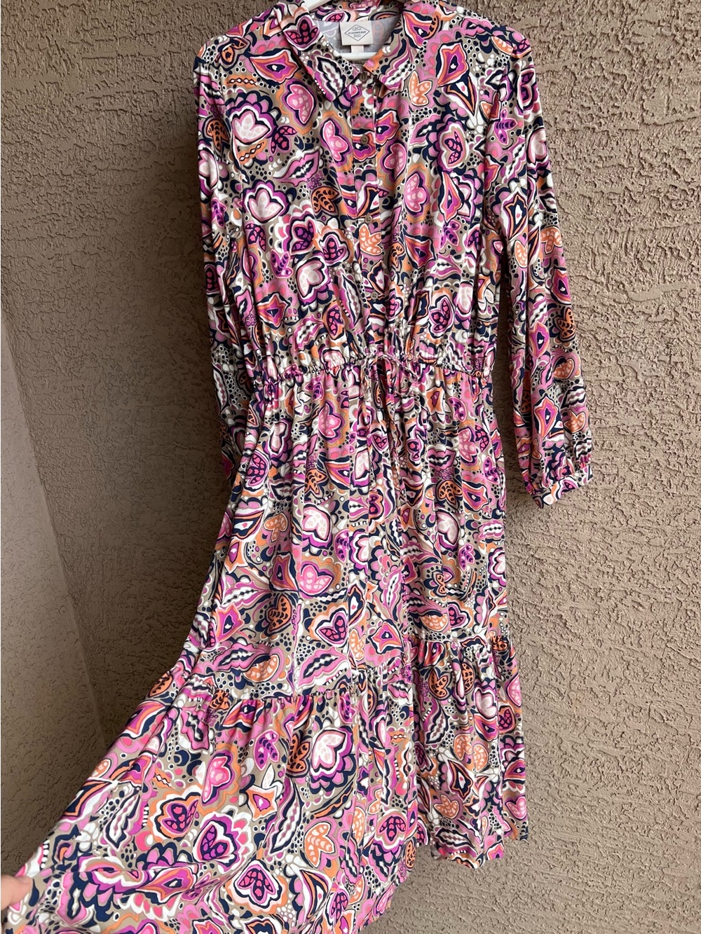 St. John's Bay Pink and Purple Paisley Long Sleeve Tiered Midi Dress